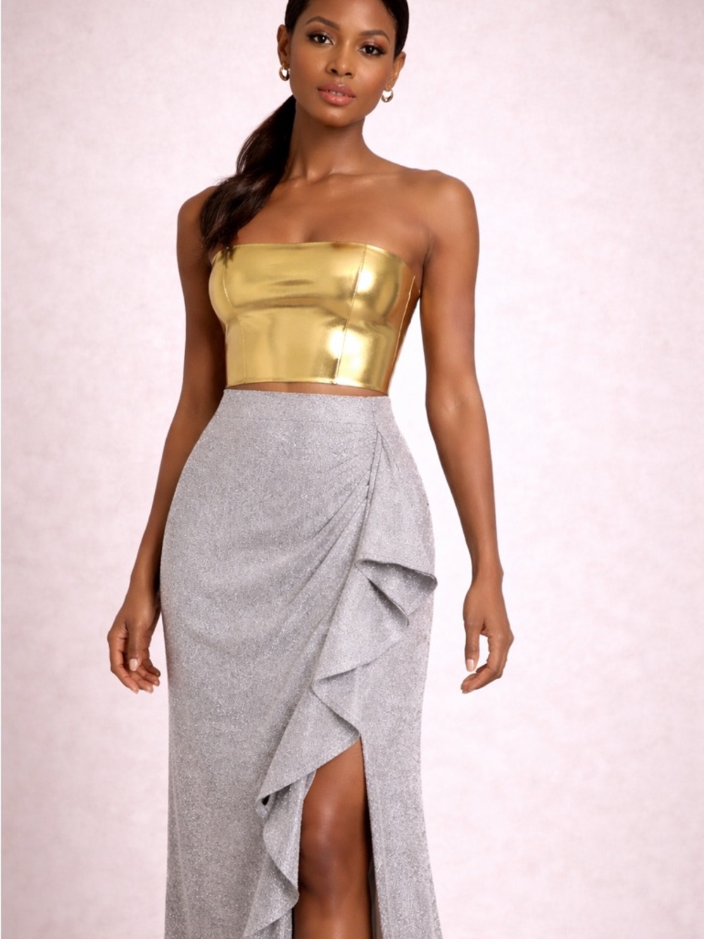 Glitter Silver Ruffle Maxi Skirt - Silver